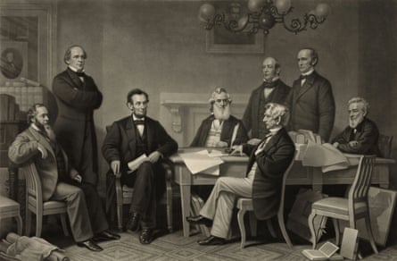 An illustration depicting the first reading of the Emancipation Proclamation before the cabinet of US President Abraham Lincoln, in an engraving by Alexander Hay Ritchie and based on a painting by Francis Bicknell Carpenter, circa 1866.
