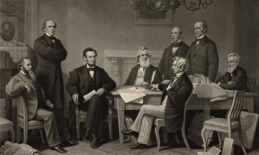 An illustration depicting the first reading of the Emancipation Proclamation before the cabinet of President Abraham Lincoln.