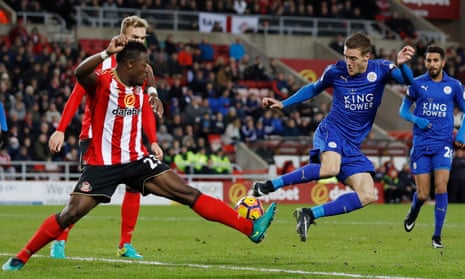 Lamine Koné thwarts Leicester City’s Jamie Vardy during Saturday’s win at the Stadium of Light.