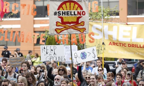 Activists protest Shell's Arctic drilling plans at a rally and march in Seattle.
