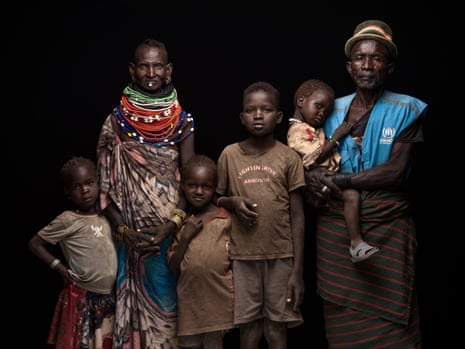 Lokolong (left) and Tarkot Lokwamor, former pastoralists now farmers, with their children Ewesit, Arot, Apua and Akai. Relocated to a refugee camp in Kakuma