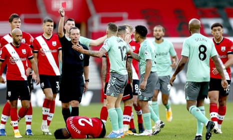 Lucas Digne was sent off for a foul on Southampton’s Kyle Walker-Peters during the Premier League match at St Mary’s on Sunday.