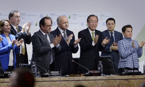 This file photo taken on December 12, 2015 shows French Ecology Minister Segolene Royal (L), French President Francois Hollande (2ndL), French Foreign Minister Laurent Fabius (C) and United Nations Secretary General Ban Ki-moon (2ndR) applauding after a statement at the COP21 Climate Conference in Le Bourget, north of Paris. Some scientists worry that the agreement focused on short-term climate change.