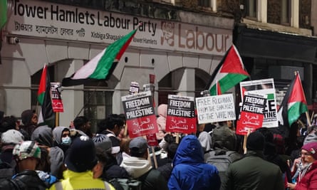 Demonstrators outside the constituency office of Labour MP Rushanara Ali on Thursday.
