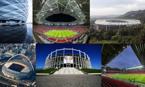 From top left; Football Arena Munich, Puskas Arena in Budapest, Stadio Olimpico in Rome, Parken Stadium in Copenhagen, National Arena in Bucharest and London’s Wembley Stadium.