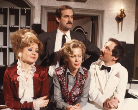 John Cleese, Connie Booth, Andrew Sachs and Prunella Scales in character for BBC sitcom Fawlty Towers.