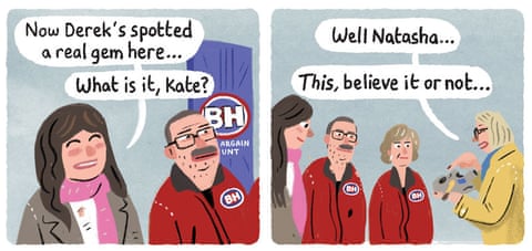 A series of cartoon images of the TV show Bargain Hunt in which a couple find the Rules-Based International Order, panel 1