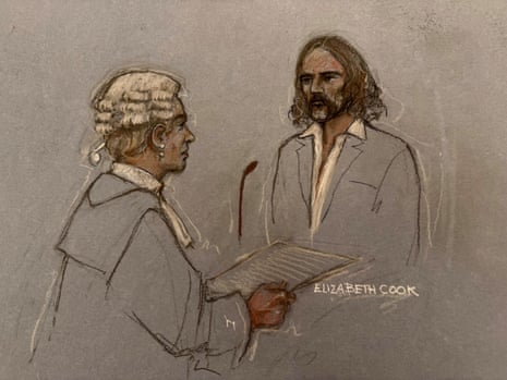 Court artist sketch of prosecutor Riel Karmy-Jones and Russell Brand in court.
