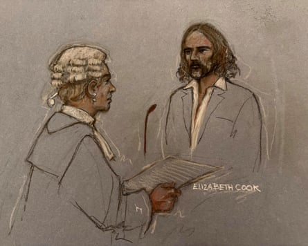 Court sketch of barrister Riel Karmy-Jones cross-examining Russell Brand