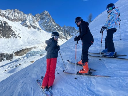 The writer's eldest son and two of his friends stand on a slope at the Glacier d'Argentiere, France.