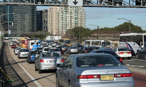 Traffic congestion on the Bradfield Highway as cars drive off the Sydney Harbour Bridge