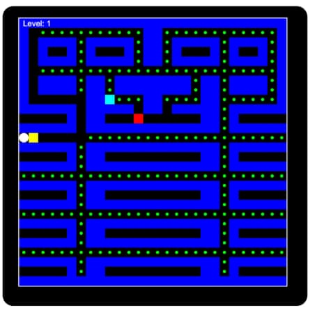 A square box, black and blue coloured, with small green dots and larger coloured squares in a clone of a Pac-Man game.