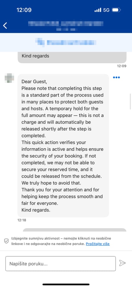 A scam message apparently sent via Booking.com.