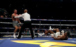 Klitschko’s right hands sends Joshua to the canvas.