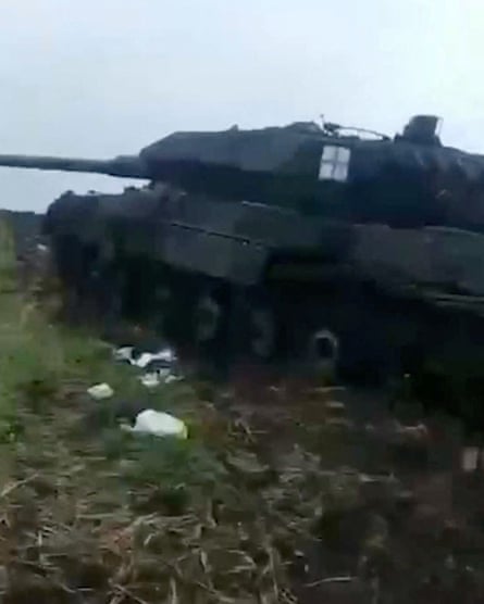 A still from video released by the Russian defence ministry of a Leopard tank captured by Russian forces in Zaporizhzhia.