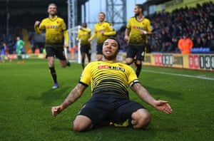 Watford’s Troy Deeney celebrates scoring his team’s second goal against Crystal Palace in February 2016.