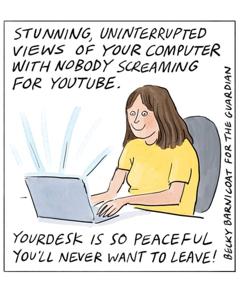 A series of cartoon images of someone enjoying quiet time at their work desk., panel 4