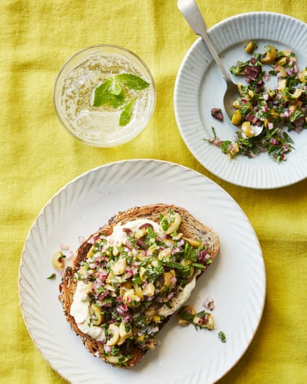 Elly Curshen’s olive, red onion & mint salsa and hummus on toast .