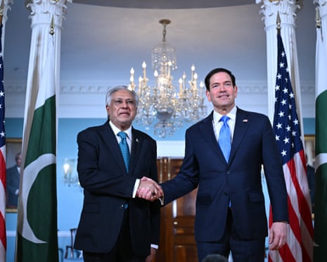 Marco Rubio and Ishaq Dar in the Treaty Room of the US state department ahead of a meeting on Friday.