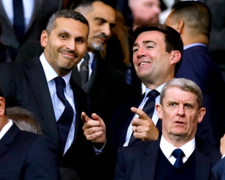 Andy Burnham alongside Khaldoon al-Mubarak, the chair of Manchester City, in the stands at the Etihad Stadium.