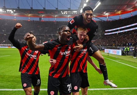 Omar Marmoush and his Frankfurt teammates celebrate a goal against Bayern Munich in December