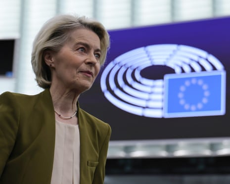 European Commission President Ursula von der Leyen arrives for a debate on 'EU position on the proposed plan and EU engagement towards a just and lasting peace for Ukraine' at the European Parliament in Strasbourg, France.