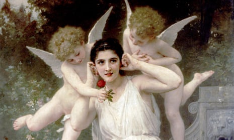 L'Innocence by William-Adolphe Bouguereau. A woman blocking her ears with two angel children surrounding her.