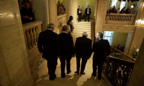 (right to left) Tony Blair, former Northern Irish first minister Ian Paisley, former deputy first minister Martin McGuinness and former Irish PM Bertie Ahern at Stormont.