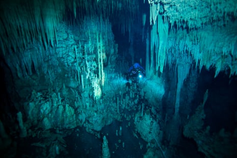 Exploring Mayan underwater Caves in Mexican jungle on the Yucatán peninsula.