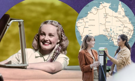 composite image of woman in car, charging station, map of australia