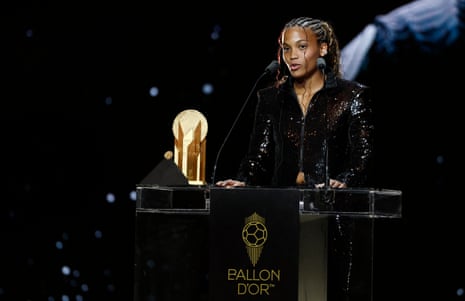 FC Barcelona's Vicky Lopez makes a speech after winning the women's Kopa Trophy.