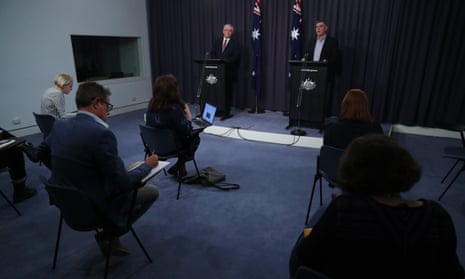 Scott Morrison and chief medical officer Brendan Murphy at a press conference in the Blue Room of Parliament House in Canberra