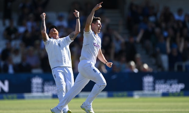 Ben Stokes and Matt Potts celebrate taking the wicket of Kane Williamson