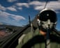 A video game fighter jet pilot in helmet and oxygen mask sits in the cockpit, clouds outside, from Ace Combat 8
