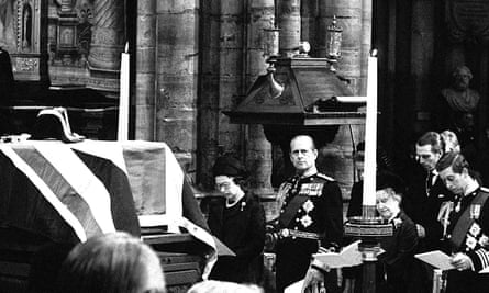 The Union flag-draped coffin of Lord Mountatten rests on a catafalque during the funeral service in Westminster Abbey