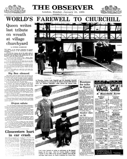 An old-fashioned broadsheet newspaper front page with the headline ‘World’s farewell to Churchill’