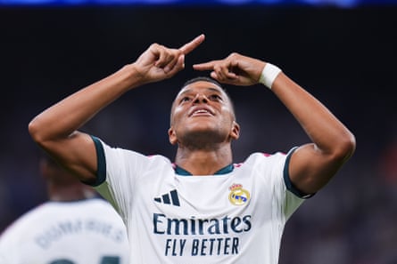 Kylian Mbappé celebrates scoring RealâÂÂs fourth against Rayo Vallecano.