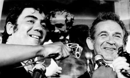 Jimmy Breslin, left, and the author Norman Mailer concede defeat in New York City’s 1969 primary election after Mailer’s unsuccessful bid for mayor, with Breslin as his running mate for city council president.