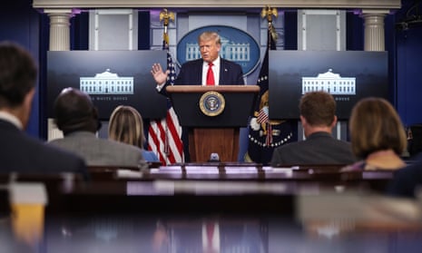 Donald Trump holds a press briefing in the Brady Press Briefing Room of the White House.