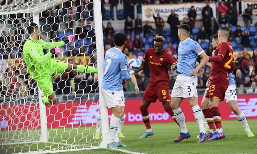 Tammy Abraham prepares to stab the ball home with Lazio goalkeeper Thomas Strakosha airborne and helpless after a corner had struck the crossbar.