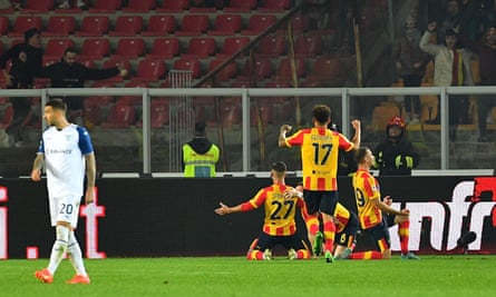 Gabriel Strefezza celebrates his equaliser for Lecce against Lazio.