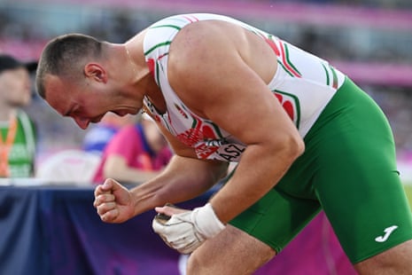 Hungary’s Bence Halasz reacts during the men’s hammer throw final.