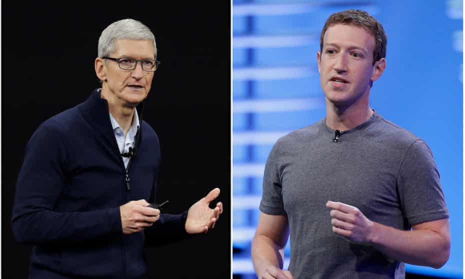 Apple CEO Tim Cook, left, and Facebook CEO Mark Zuckerberg.