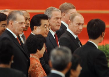 Vladimir Putin, the Russia’s prime minister; the US president, George W Bush; the Chinese president, Hu Jintao; and the president of the International Olympic Committee, Jacques Rogge attend the welcome banquet