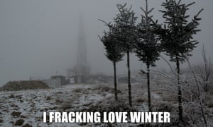 A Chevron fracking rig in Poland stands admidst the trees in winter.