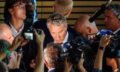 AfD’s lead candidate in Thuringia, Bjoern Hoecke, faces the media after his party’s victory.