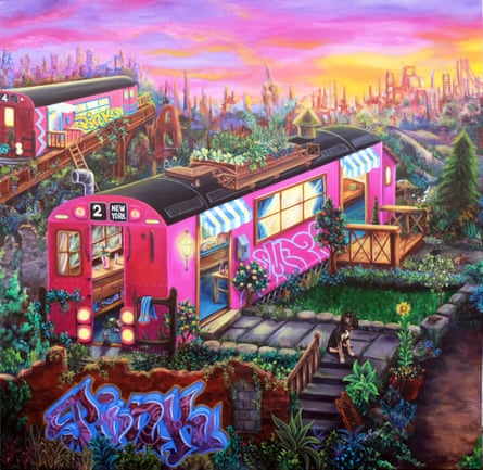 Subway Village Pink Train, 2022, acrylic on canvas.