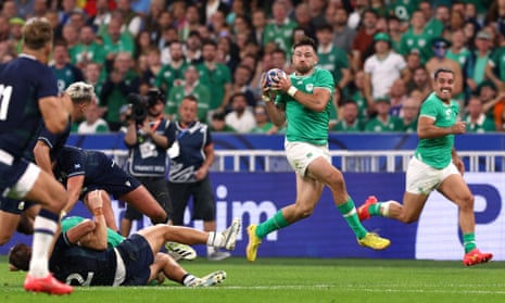 Ireland's Hugo Keenan before he scores their second try against Scotland.