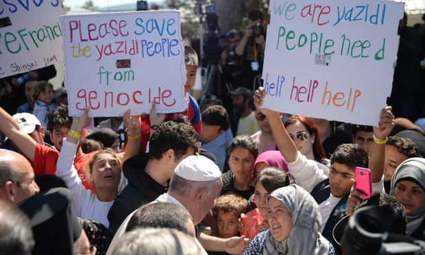 Pope Francis meeting refugees on Lesbos