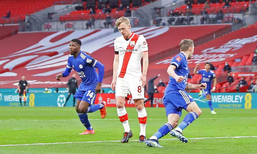 Southampton’s James Ward-Prowse looks dejected after Leicester’s Kelechi Iheanacho (left) celebrates scoring in the FA Cup semi-final earlier this month.